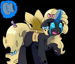 Size: 2048x1746 | Tagged: safe, artist:askhypnoswirl, derpibooru import, oc, unofficial characters only, changeling, black background, bow, changeling oc, cookie, cookie jar, crying, female, food, hair bow, image, magic, open mouth, png, raised hoof, simple background, solo, spread wings, tail, tail bow, telekinesis, wings