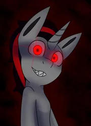 Size: 1475x2048 | Tagged: safe, artist:askhypnoswirl, derpibooru import, oc, unofficial characters only, pony, unicorn, bipedal, black background, edgy, glow, glowing eyes, image, looking at you, male, no catchlights, png, red background, sharp teeth, simple background, solo, stallion, teeth