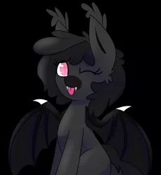Size: 1879x2048 | Tagged: safe, artist:askhypnoswirl, derpibooru import, oc, unofficial characters only, bat pony, pony, ;p, black background, cute, ear tufts, eye clipping through hair, female, image, looking at you, mare, one eye closed, png, simple background, sitting, solo, spread wings, tongue out, wings, wink, winking at you