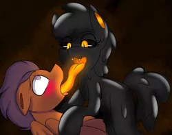 Size: 2048x1617 | Tagged: suggestive, artist:askhypnoswirl, derpibooru import, oc, unofficial characters only, goo, goo pony, original species, pegasus, pony, black sclera, blushing, duo, eye clipping through hair, eyebrows, eyebrows visible through hair, eyes rolling back, female, floppy ears, folded wings, image, lidded eyes, male, mare, no pupils, orange background, png, simple background, soul vore, stallion, tongue out, vore, wings