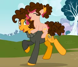 Size: 4746x4072 | Tagged: safe, artist:cheekycheesefan101, derpibooru import, cheese sandwich, oc, oc:strawberry cheese, pony, father and child, father and daughter, female, filly, foal, image, male, offspring, parent:cheese sandwich, parent:pinkie pie, parents:cheesepie, png, ponies riding ponies, riding