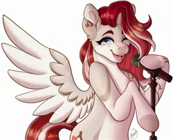 Size: 2600x2103 | Tagged: safe, artist:mxiiisy, derpibooru import, part of a set, oc, oc:cherry heart, unofficial characters only, pegasus, pony, blue eyes, body markings, colored wings, cutie mark, ear piercing, earring, female, freckles, halfbody, hooves, image, jewelry, jpeg, long mane, mare, microphone, microphone stand, one eye closed, open mouth, piercing, red hair, red mane, red tail, simple background, singing, smiling, solo, spread wings, tail, tan coat, teeth, transparent background, two toned coat, two toned mane, two toned tail, two toned wings, wavy mane, wavy tail, wings, wink