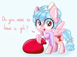 Size: 926x690 | Tagged: safe, artist:clouly, derpibooru import, cozy glow, pegasus, pony, christmas, clothes, cute, ear fluff, female, filly, foal, holiday, image, looking at you, open mouth, open smile, png, sack, scarf, smiling, solo, spread wings, talking to viewer, wings