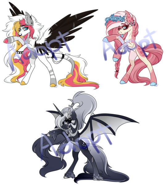 Size: 2948x3285 | Tagged: safe, artist:beamybutt, derpibooru import, oc, unofficial characters only, alicorn, bat pony, bat pony alicorn, earth pony, pegasus, pony, bat pony oc, bat wings, colored hooves, ear fluff, earth pony oc, floral head wreath, flower, horn, image, pegasus oc, png, raised hoof, rearing, simple background, transparent background, wings