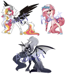 Size: 2948x3285 | Tagged: safe, artist:beamybutt, derpibooru import, oc, unofficial characters only, alicorn, bat pony, bat pony alicorn, earth pony, pegasus, pony, bat pony oc, bat wings, colored hooves, ear fluff, earth pony oc, floral head wreath, flower, horn, image, pegasus oc, png, raised hoof, rearing, simple background, transparent background, wings