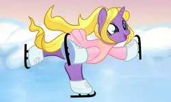 Size: 2192x1312 | Tagged: safe, artist:kiulip, derpibooru import, oc, unofficial characters only, pony, unicorn, blushing, clothes, commission, ice, ice skates, ice skating, image, on one leg, open mouth, open smile, outdoors, png, smiling, snow, solo