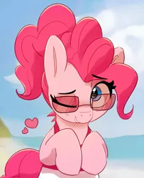 Size: 2553x3140 | Tagged: safe, artist:pabbley, derpibooru import, pinkie pie, earth pony, pony, alternate hairstyle, beach, clothes, cute, diapinkes, female, floating heart, grin, heart, high res, image, jpeg, looking at you, mare, one eye closed, one-piece swimsuit, ponytail, smiling, smiling at you, solo, sunglasses, swimsuit, wink, winking at you