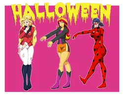 Size: 4224x3313 | Tagged: safe, artist:dlobo777, derpibooru import, sunset shimmer, human, equestria girls, blank eyes, boots, clothes, costume, crossover, female, horseland, image, jpeg, marinette dupain-cheng, mask, mind control, miraculous ladybug, pants, sarah whitney, shoes, shorts, torn clothes