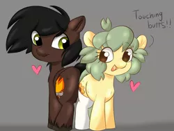 Size: 2189x1655 | Tagged: suggestive, artist:mushy, derpibooru import, oc, oc:pea, pony, butts, clothes, cutie mark, female, filly, foal, heart, image, jpeg, looking at each other, looking at someone, male, redraw, socks, stallion, thigh highs