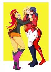 Size: 3260x4581 | Tagged: safe, artist:dlobo777, derpibooru import, sunset shimmer, human, equestria girls, abstract background, blank eyes, boots, clothes, female, horseland, image, jpeg, licking cheeks, marinette dupain-cheng, mind control, miraculous ladybug, open mouth, restrained, sarah whitney, shoes, shorts, swirly eyes, tongue out, torn clothes
