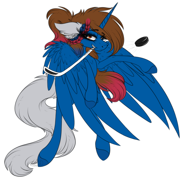 Size: 3294x3218 | Tagged: safe, artist:beamybutt, derpibooru import, oc, unofficial characters only, alicorn, pony, alicorn oc, colored hooves, ear fluff, eyelashes, female, grin, hockey, hockey stick, horn, image, mare, mouth hold, png, simple background, smiling, sports, transparent background, wings