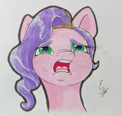 Size: 1690x1599 | Tagged: safe, artist:engi, derpibooru import, pipp petals, pegasus, pony, crown, eyebrows, female, g5, image, jewelry, jpeg, open mouth, regalia, sad, simple background, solo, traditional art, watercolor painting