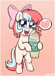 Size: 1136x1580 | Tagged: safe, artist:heretichesh, derpibooru import, oc, oc:fizzie, unofficial characters only, earth pony, pony, bipedal, bottle, bow, cute, drink, female, filly, foal, freckles, gradient background, heart, hoof hold, image, jpeg, looking at you, ocbetes, open mouth, open smile, pictogram, signature, smiling, smiling at you, soda, solo, speech bubble