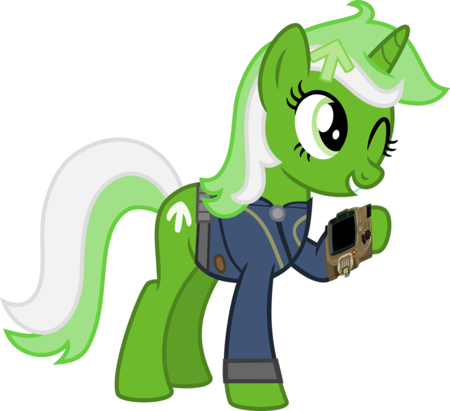 Size: 4378x4000 | Tagged: safe, artist:ponygamer2020, derpibooru import, oc, oc:upvote, ponified, unofficial characters only, pony, unicorn, derpibooru, fallout equestria, absurd resolution, clothes, cute, derpibooru exclusive, derpibooru ponified, fallout, female, image, jumpsuit, mare, meta, ocbetes, one eye closed, pipboy, png, simple background, smiling, solo, transparent background, vault suit, vector, wink