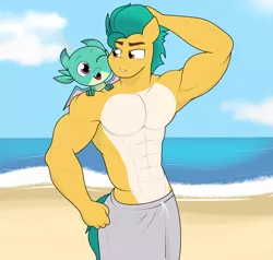 Size: 2701x2574 | Tagged: safe, artist:matchstickman, derpibooru import, hitch trailblazer, sparky sparkeroni, dragon, earth pony, pony, baby, baby dragon, beach, clothes, g5, high res, image, male, ocean, png, sand, shorts, stallion, summer, swimming trunks, swimsuit, water