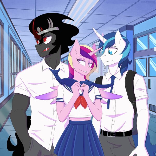 Size: 2048x2048 | Tagged: safe, artist:shallowwin, derpibooru import, king sombra, princess cadance, shining armor, alicorn, anthro, unicorn, clothes, female, hallway, image, jpeg, lidded eyes, male, midriff, school uniform, smiling, spread wings, wings