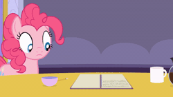 Size: 520x293 | Tagged: safe, artist:agrol, derpibooru import, screencap, pinkie pie, earth pony, pony, animated, blinking, coffee mug, female, frown, gif, grin, image, lidded eyes, mare, mug, notebook, smiling, solo, tales of adventurers