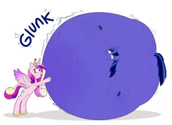 Size: 3600x2600 | Tagged: suggestive, artist:hedgehogstew, derpibooru import, princess cadance, shining armor, alicorn, unicorn, bingo wings, blueberry inflation, blushing, female, floating heart, heart, image, inflation, male, onomatopoeia, png, rolling, shiningcadance, shipping, simple background, sound effects, spherical inflation, spread wings, straight, sweat, sweatdrop, white background, wingboner, wings