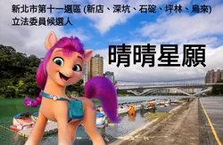 Size: 1616x1056 | Tagged: safe, derpibooru import, sunny starscout, pony, chinese text, election, g5, image, irl, jpeg, moon runes, new taipei, photo, ponies in real life, taiwan, xindian