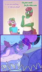 Size: 1254x2119 | Tagged: safe, artist:gunpowdergreentea, derpibooru import, oc, oc:nimbus (phallen1), oc:software patch, oc:windcatcher, unofficial characters only, anthro, earth pony, pegasus, 2 panel comic, aunt and niece, bed, breasts, clothes, comic, dialogue, digital art, eyes closed, fan, female, gift art, image, laying on bed, lying down, male, oc x oc, on bed, open mouth, pants, pillow, png, shipping, shirt, sleeping, straight, tail, talking, wind, windpatch, wings