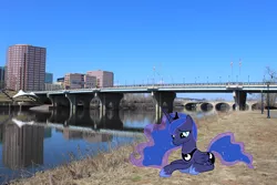 Size: 2048x1365 | Tagged: safe, artist:90sigma, artist:mlplover94, derpibooru import, princess luna, alicorn, pony, bridge, connecticut, crown, ethereal mane, female, hartford, image, irl, jewelry, jpeg, lying down, mare, photo, ponies in real life, prone, regalia, sad, solo, starry mane