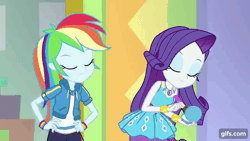 Size: 640x360 | Tagged: safe, derpibooru import, screencap, rainbow dash, rarity, spike, spike the regular dog, dog, a fine line, equestria girls, equestria girls series, animated, animation error, clothes, eyes closed, female, geode of shielding, geode of super speed, gif, gifs.com, hairpin, hand on hip, hoodie, image, jewelry, magical geodes, male, necklace, one eye closed, open mouth, rarity peplum dress, smiling, trio