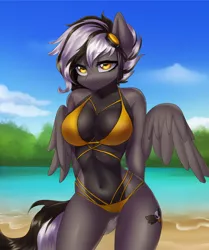 Size: 1714x2048 | Tagged: suggestive, artist:yutakira92, derpibooru import, oc, oc:zephyr corax, oc:zephyrai, unofficial characters only, anthro, pegasus, abs, accessory, arm behind back, background, beach, black and white, black and white mane, black and white tail, blue sky, breasts, clothes, cloud, collarbone, cutie mark, female, gray coat, grayscale, hips, image, jpeg, monochrome, sand, smiling, smirk, solo, spread wings, swimsuit, tree, water, wings, yellow eyes, yellow swimsuit
