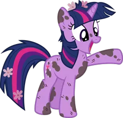 Size: 1884x1819 | Tagged: safe, artist:sollace, derpibooru import, twilight sparkle, pony, unicorn, it's about time, .svg available, cute, derpibooru exclusive, dirty, flower, flower in hair, image, messy mane, mud, open mouth, png, raised hoof, simple background, solo, transparent background, twilinanas, unicorn twilight, vector