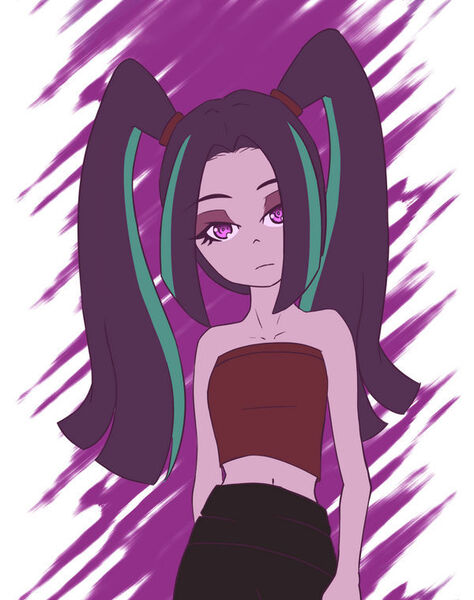 Size: 600x760 | Tagged: safe, artist:rumi, derpibooru import, aria blaze, equestria girls, braid, clothes, eyebrows, eyeshadow, female, frown, image, jpeg, looking at you, makeup, pink eyes, purple background, purple eyeshadow, simple background, skirt, solo, two toned mane