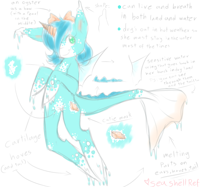 Size: 1965x1840 | Tagged: safe, artist:snowballflo, derpibooru import, oc, oc:sea shell, unofficial characters only, anthro, sea pony, unguligrade anthro, hair over one eye, horn, image, png, reference sheet, sea pony oc, smiling, solo