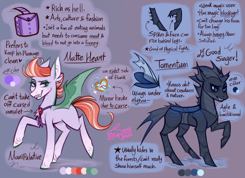 Size: 2735x1985 | Tagged: safe, artist:snowballflo, derpibooru import, oc, unofficial characters only, bat pony, changeling, pony, bag, bat pony oc, bat wings, changeling oc, duo, eddsworld, image, jpeg, raised hoof, reference sheet, saddle bag, smiling, smirk, wings