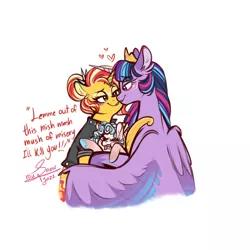 Size: 2893x2893 | Tagged: safe, artist:snowballflo, derpibooru import, cozy glow, sunset shimmer, twilight sparkle, twilight sparkle (alicorn), alicorn, pegasus, pony, unicorn, adopted offspring, angry, bedroom eyes, crown, female, filly, foal, hug, image, jewelry, jpeg, makeup, mare, regalia, signature, simple background, smiling, white background