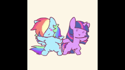 Size: 1920x1080 | Tagged: safe, artist:cutiesparke, derpibooru import, rainbow dash, twilight sparkle, pegasus, pony, unicorn, animated, bipedal, blushing, blushing profusely, chest fluff, cute, dancing, duo, duo female, eye clipping through hair, female, hair over one eye, holding hooves, hoof heart, horn, image, kissing, lesbian, music, pubic fluff, shipping, simple background, spread wings, twidash, unicorn twilight, webm, wings, wings down, yellow background