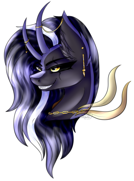 Size: 2025x2733 | Tagged: safe, artist:beamybutt, derpibooru import, oc, oc:lilith, unofficial characters only, bicorn, pony, bust, chains, ear fluff, grin, horn, horn jewelry, image, jewelry, multiple horns, png, simple background, smiling, solo, transparent background