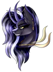 Size: 2025x2733 | Tagged: safe, artist:beamybutt, derpibooru import, oc, oc:lilith, unofficial characters only, bicorn, pony, bust, chains, ear fluff, grin, horn, horn jewelry, image, jewelry, multiple horns, png, simple background, smiling, solo, transparent background
