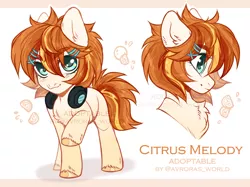 Size: 3350x2500 | Tagged: safe, artist:avroras_world, derpibooru import, oc, unofficial characters only, earth pony, pony, accessories, adoptable, auction, chest fluff, ear fluff, female, fluffy, hairpin, headphones, image, jpeg, looking at you, mare, reference sheet, short hair, short mane, short tail, simple background, smiling, solo, solo female, tail, white background