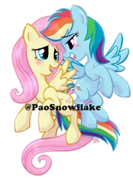 Size: 600x800 | Tagged: safe, artist:kei111, derpibooru import, fluttershy, rainbow dash, pegasus, pony, blushing, female, flutterdash, flying, image, lesbian, lidded eyes, looking at each other, looking at someone, mare, obtrusive watermark, open mouth, open smile, png, shipping, simple background, smiling, spread wings, transparent background, watermark, wings