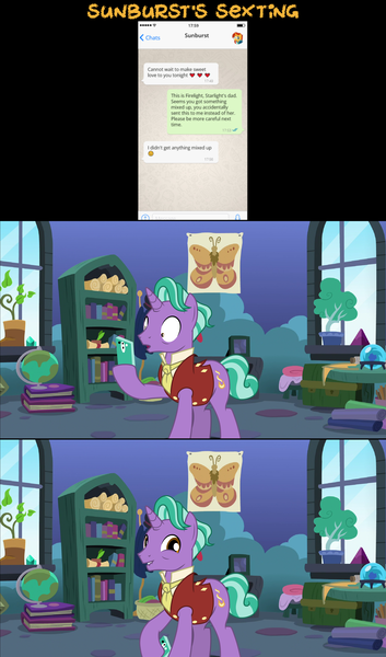Size: 2235x3800 | Tagged: suggestive, artist:cloudyglow, artist:wissle, derpibooru import, firelight, sunburst, butterfly, insect, pony, unicorn, book, clothes, comic, crystal, crystal ball, full comic, globe, image, implied gay, implied shipping, implied starburst, implied straight, lamp, lip bite, looking at you, male, mobile phone, phone, png, poster, potted plant, scroll, sexting, shocked, shocked expression, smartphone, solo, sound at source, stallion, starlight's room, surprised, texting, wide eyes, youtube link