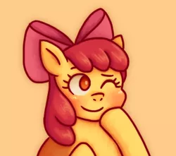 Size: 386x341 | Tagged: safe, artist:memethyst-art, derpibooru import, apple bloom, earth pony, pony, adorabloom, blushing, cute, female, filly, foal, image, one eye closed, png, simple background, smiling, solo, wink