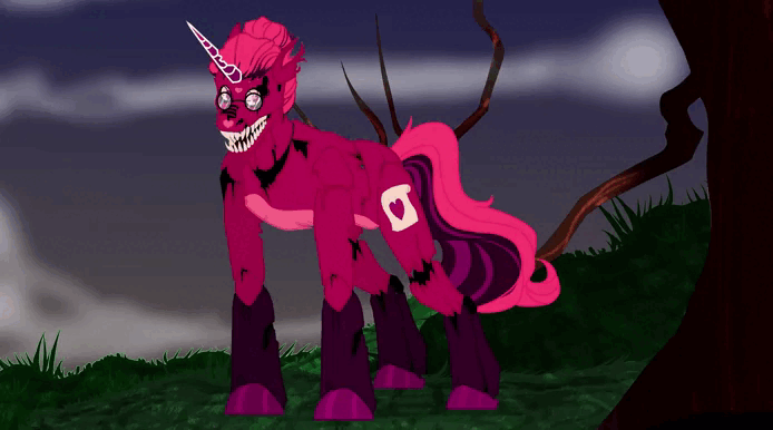 Size: 694x386 | Tagged: safe, artist:sanekk, derpibooru import, oc, oc:venus red heart, unofficial characters only, pony, unicorn, animated, animatronic, broken horn, commission, crossover, fangs, female, five nights at freddy's, gif, glasses, grass, grin, horn, image, mare, markings, night, red eyes take warning, smiling, solo, tree, unshorn fetlocks, ych result