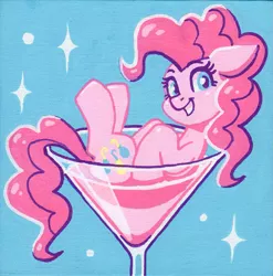Size: 1759x1780 | Tagged: safe, artist:dandy, derpibooru import, pinkie pie, earth pony, pony, acrylic painting, female, floppy ears, image, looking at you, martini glass, png, smiling, solo, traditional art