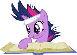 Size: 1366x981 | Tagged: safe, artist:sollace, derpibooru import, twilight sparkle, pony, unicorn, it's about time, alternate hairstyle, bandage, book, cute, derpibooru exclusive, image, messy mane, open mouth, png, simple background, solo, transparent background, unicorn twilight, vector