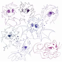 Size: 2000x2000 | Tagged: safe, artist:mirtash, derpibooru import, oc, unofficial characters only, alicorn, bat pony, pony, unicorn, bat wings, chest fluff, ear fluff, ear piercing, earring, eating, eye clipping through hair, fangs, glasses, hair over one eye, heart, horn, image, jewelry, jpeg, looking at you, piercing, profile, question mark, simple background, sketch, spread wings, white background, wings