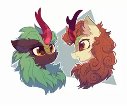 Size: 2400x2000 | Tagged: safe, artist:mirtash, derpibooru import, autumn blaze, cinder glow, summer flare, kirin, bust, duo, duo female, ear fluff, female, floppy ears, heart, image, jpeg, looking at each other, looking at someone, open mouth, portrait, profile, simple background, white background