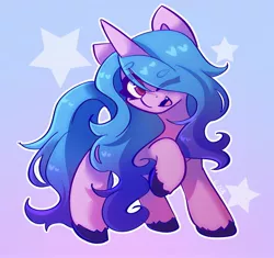 Size: 2047x1923 | Tagged: safe, artist:strawberryc208, derpibooru import, izzy moonbow, pony, unicorn, beanbrows, cute, eye clipping through hair, eyebrows, eyebrows visible through hair, g5, hair over one eye, image, izzybetes, jpeg, looking at you, one eye closed, raised hoof, simple background, solo, wink