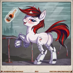 Size: 1350x1350 | Tagged: suggestive, artist:shydale, derpibooru import, oc, oc:blackjack, cyborg, cyborg pony, pony, unicorn, fallout equestria, fallout equestria: project horizons, alcohol, augmented, bipedal, bipedal leaning, blushing, bottle, butt, cyber eyes, cyber legs, drunk, drunk bubbles, ear fluff, fanfic art, female, frame, hoofington, horn, image, leaning, light rays, magic, one eye closed, open mouth, plot, png, raised tail, red and black mane, scenery, small horn, solo, solo female, tail, telekinesis, tongue out, whiskey, wild pegasus, wink