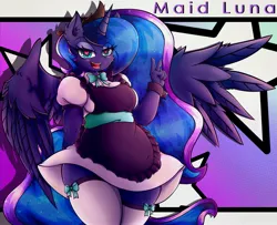 Size: 3401x2765 | Tagged: safe, alternate version, artist:canvymamamoo, derpibooru import, princess luna, alicorn, anthro, big breasts, blushing, breasts, busty princess luna, clothes, cuffs (clothes), ear fluff, eyebrows, eyebrows visible through hair, eyeshadow, female, heart, heart eyes, image, jewelry, jpeg, lidded eyes, looking at you, maid, makeup, open mouth, peace sign, regalia, smiling, socks, solo, spread wings, stockings, thigh highs, wide hips, wingding eyes, wings