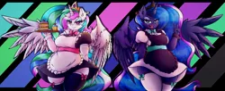Size: 4096x1665 | Tagged: safe, artist:canvymamamoo, derpibooru import, princess celestia, princess luna, alicorn, anthro, abstract background, big breasts, blushing, breasts, busty princess celestia, busty princess luna, cake, cake slice, clothes, cuffs (clothes), cupcake, duo, ear fluff, eyebrows, eyebrows visible through hair, eyeshadow, female, food, heart, heart eyes, holding, image, jewelry, jpeg, lidded eyes, looking at you, maid, maidlestia, makeup, open mouth, peace sign, regalia, royal sisters, serving tray, siblings, sisters, smiling, smug, socks, spread wings, stockings, thigh highs, wide hips, wingding eyes, wings
