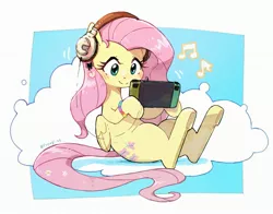 Size: 2821x2214 | Tagged: safe, artist:fuyugi, derpibooru import, fluttershy, pegasus, pony, abstract background, blushing, bracelet, cloud, female, folded wings, hair accessory, headphones, holding, hoof hold, image, jewelry, jpeg, lying down, mare, music notes, nintendo, nintendo switch, on a cloud, on back, signature, smiling, solo, wings
