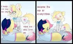 Size: 2500x1500 | Tagged: safe, artist:squirrel, derpibooru import, oc, oc:shiny apple (ice1517), oc:soda frosting, earth pony, pony, unicorn, 2 panel comic, bad girl, bandaid, bow, bowtie, clothes, comic, commission, cowboy hat, duo, female, grin, hat, image, lesbian, mare, meme, oc x oc, png, question mark, sad, self deprecation, shipping, shirt, smiling, socks, striped socks, sweat, sweatdrop, tail, tail bow, ych result